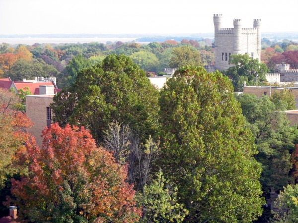 The castle of EIU ("Old Main") over autumn tree tops